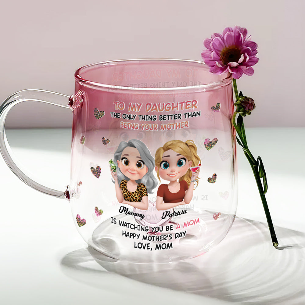Custom Mother's Day Gift for Mom & Grandma • Watching You Be A Mom Cartoon - Personalized Pink Gradient Glass Mug