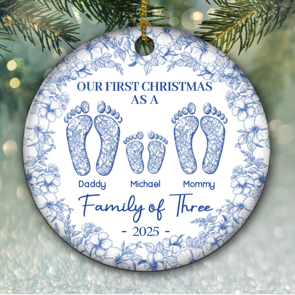 Custom Keepsake Christmas Ornament •  First Christmas As A Family Of Four Toile Footprints - Personalized Ceramic Ornament