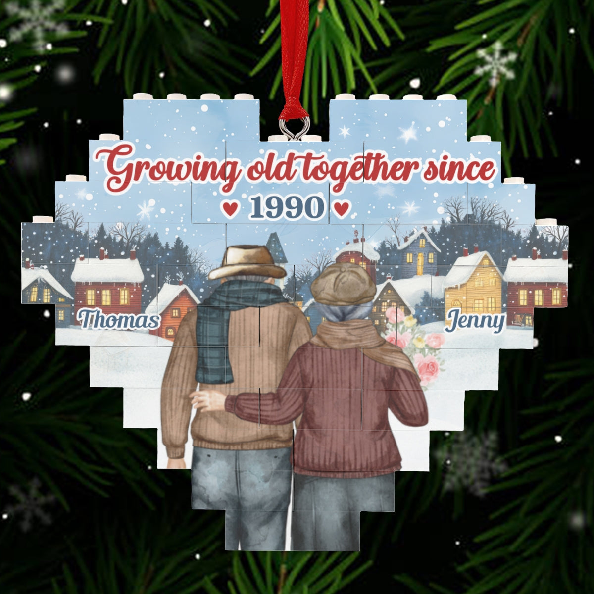 Custom Couple Christmas Ornament, Anniversary Gift •  Growing Old Together - Personalized Heart Puzzle Ornament