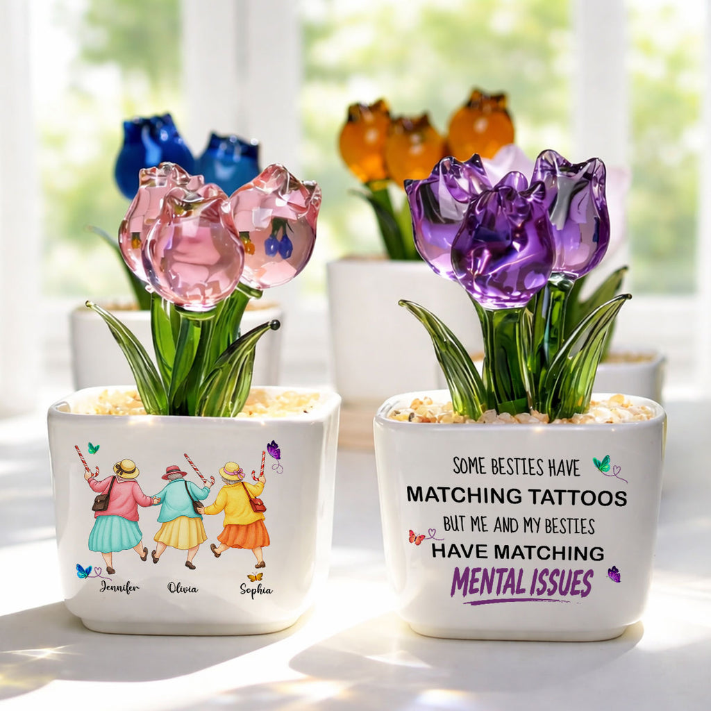 Custom Flower Keepsake, Glass Home Decor Gift for Best Friend • Matching Besties - Personalized Glass Everlasting Tulips