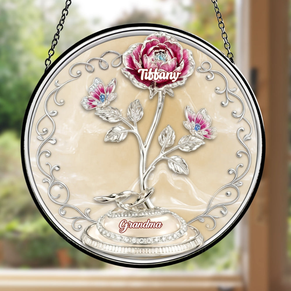 Custom Name Grandma Hanging Decor, Mother's Day Birthday Gifts • Lovely Flowers - Personalized Window Hanging Suncatcher