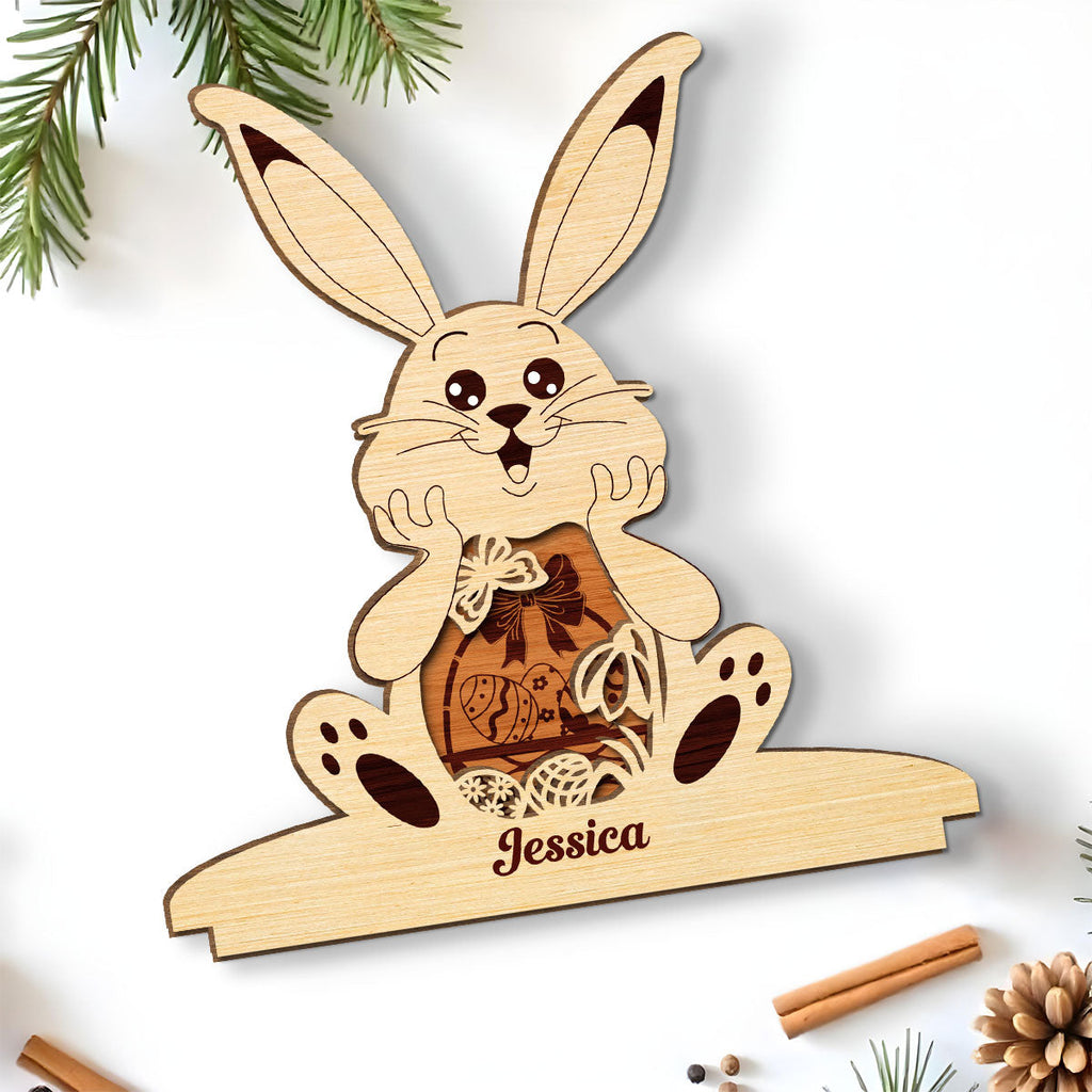 Custom Family Decor, Christmas Birthday Family Keepsake • Bunny Bliss Celebration - Personalized 2-Layer Wood Plaque With Flat Base