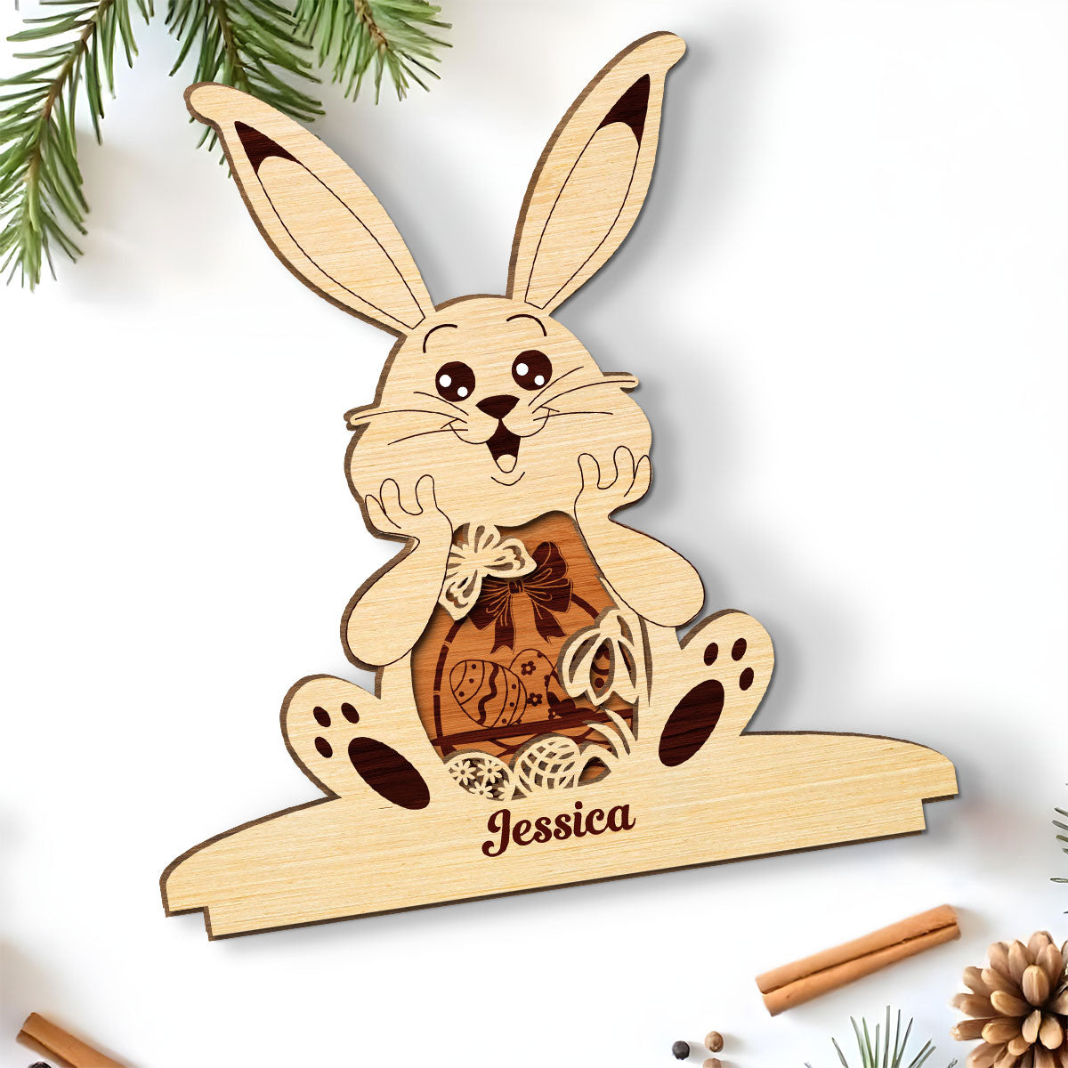 Custom Family Decor, Christmas Birthday Family Keepsake • Bunny Bliss Celebration - Personalized 2-Layer Wood Plaque With Flat Base