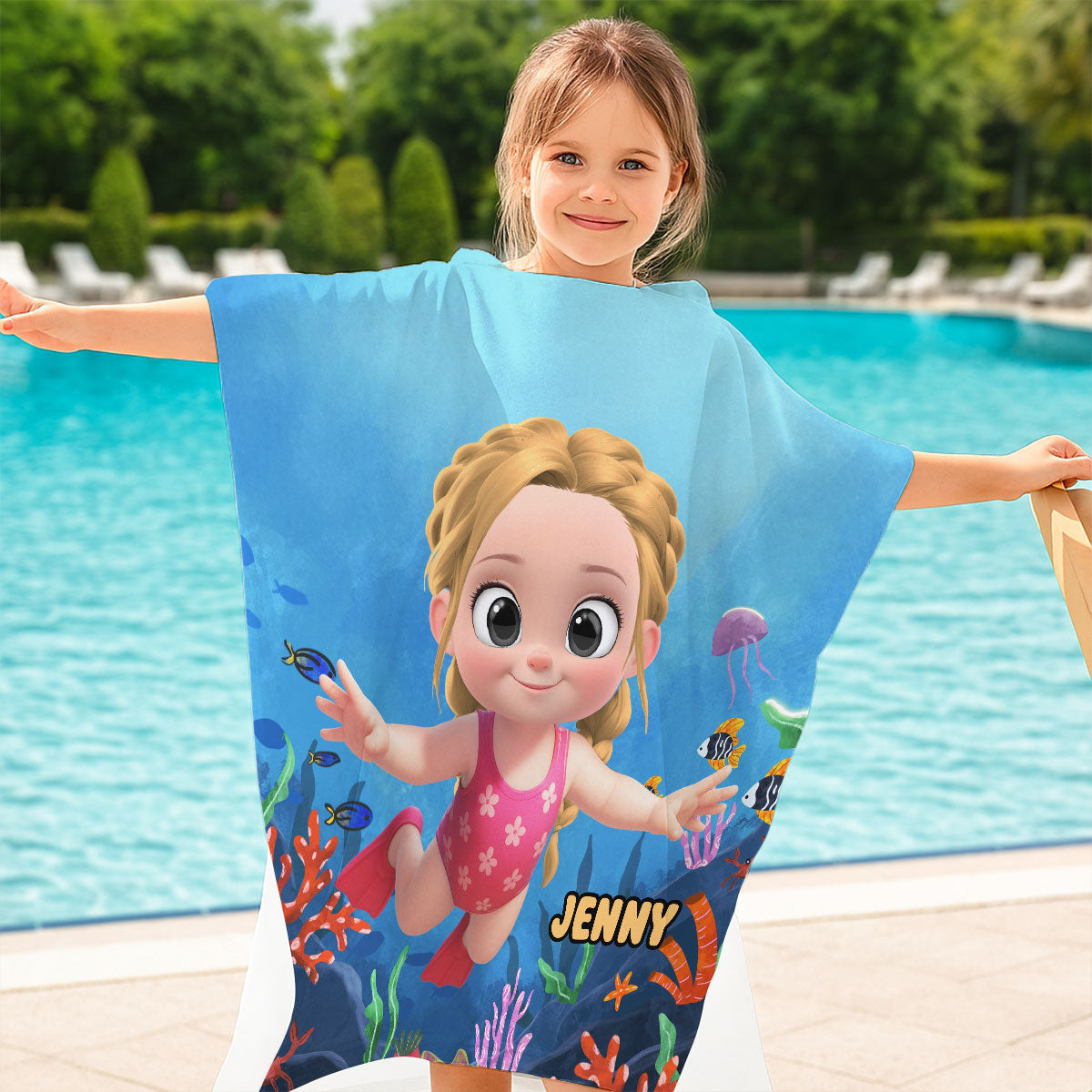Cartoon Kid Character Marine - Personalized Hooded Beach Towel