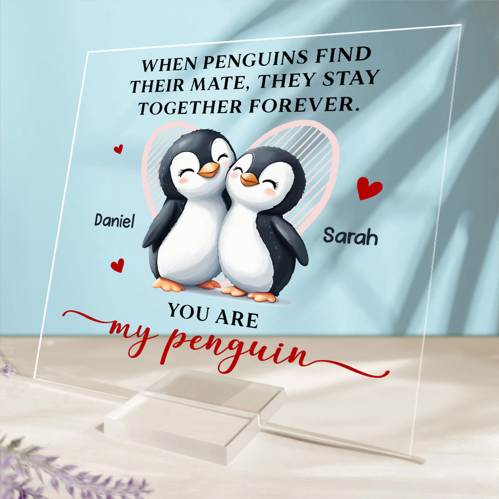Custom Couple's Decor, Anniversary & Wedding Gift • My Penguin - Personalized Acrylic Plaque With Base