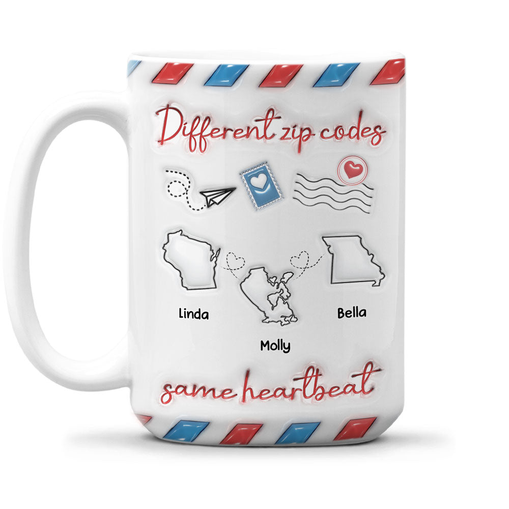 Custom Best Friend, Christmas & Birthday Friendship Keepsake Gift • Different Zip Code Envelopes - Personalized 3D Inflated Effect Coffee Mug