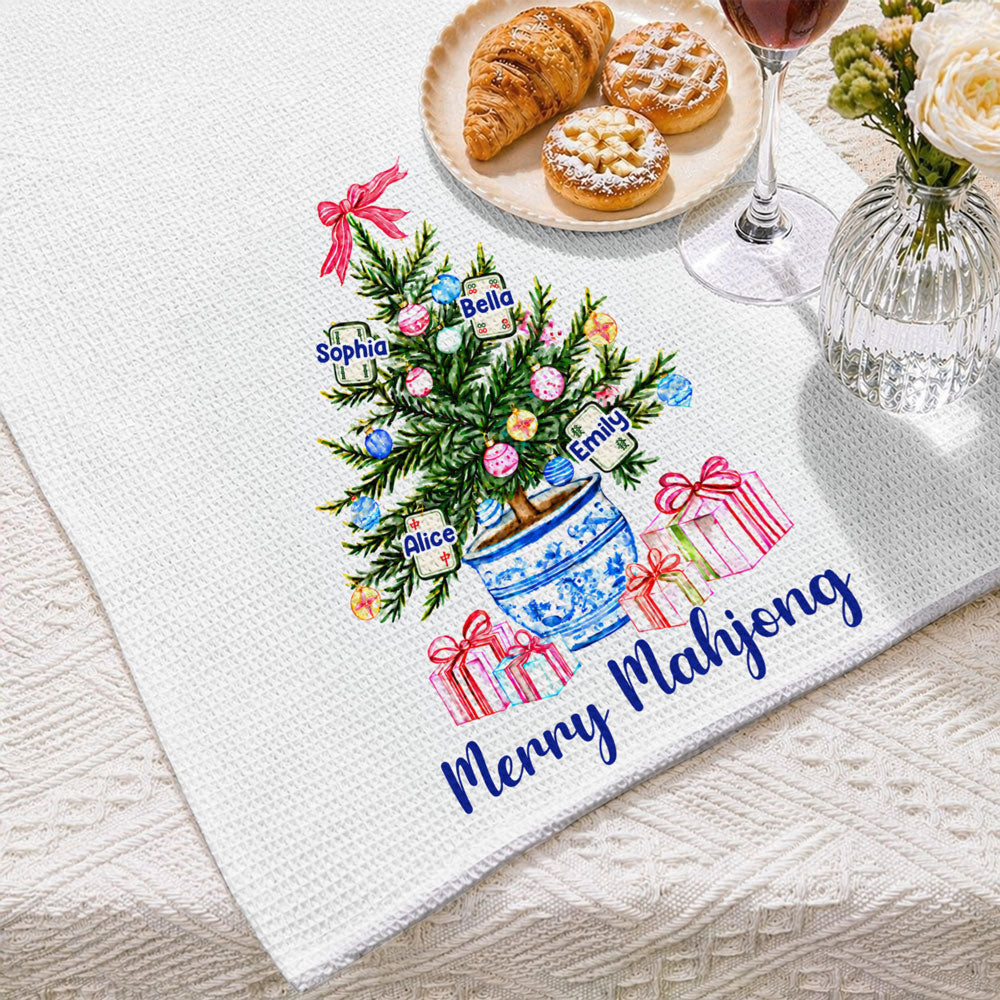 Custom Best Friend Kitchen Towel With Names, Birthday Christmas Gift For Friend Bestie • Merry Mahjong - Personalized Kitchen Towel