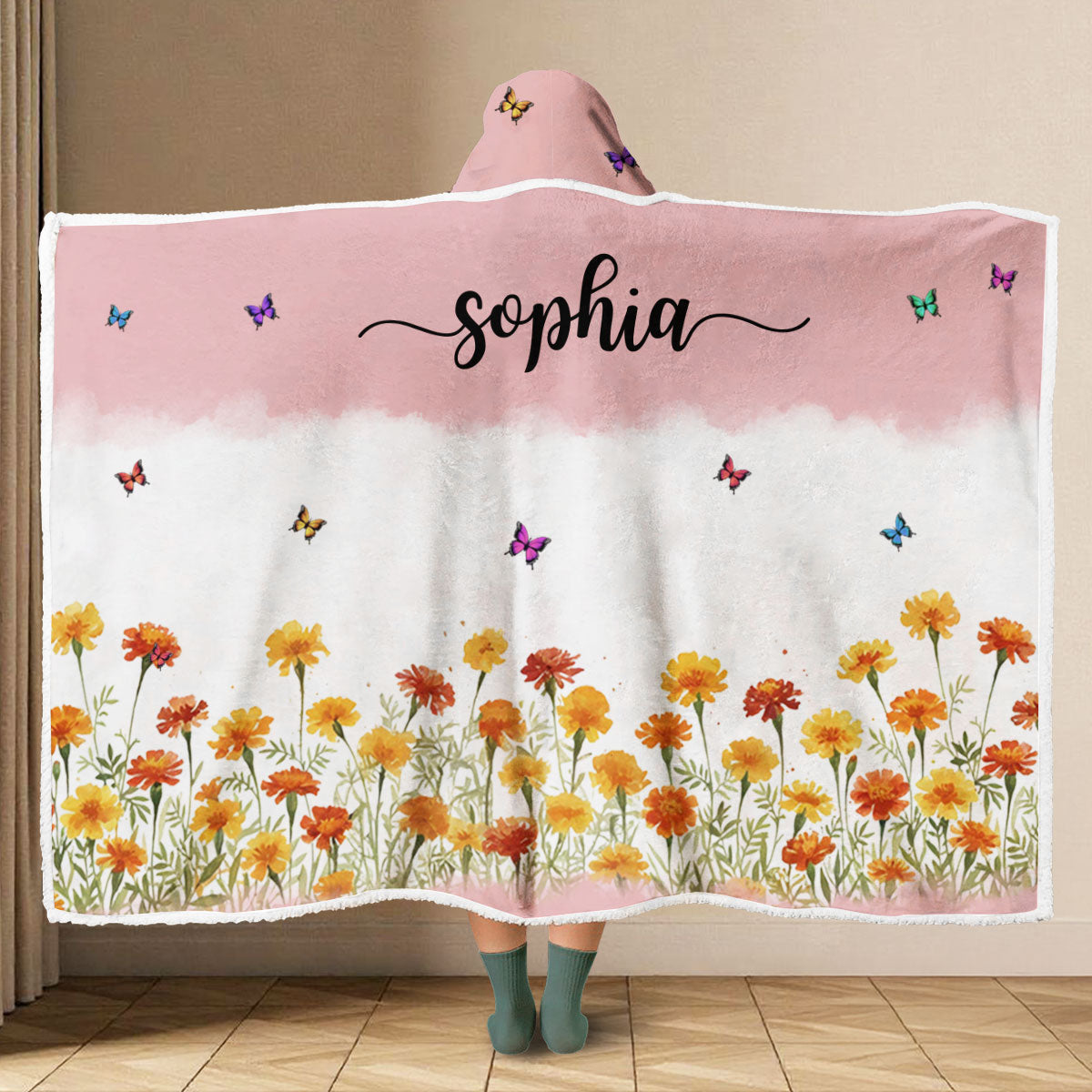 Birth Flower And Name - Personalized Hooded Blanket