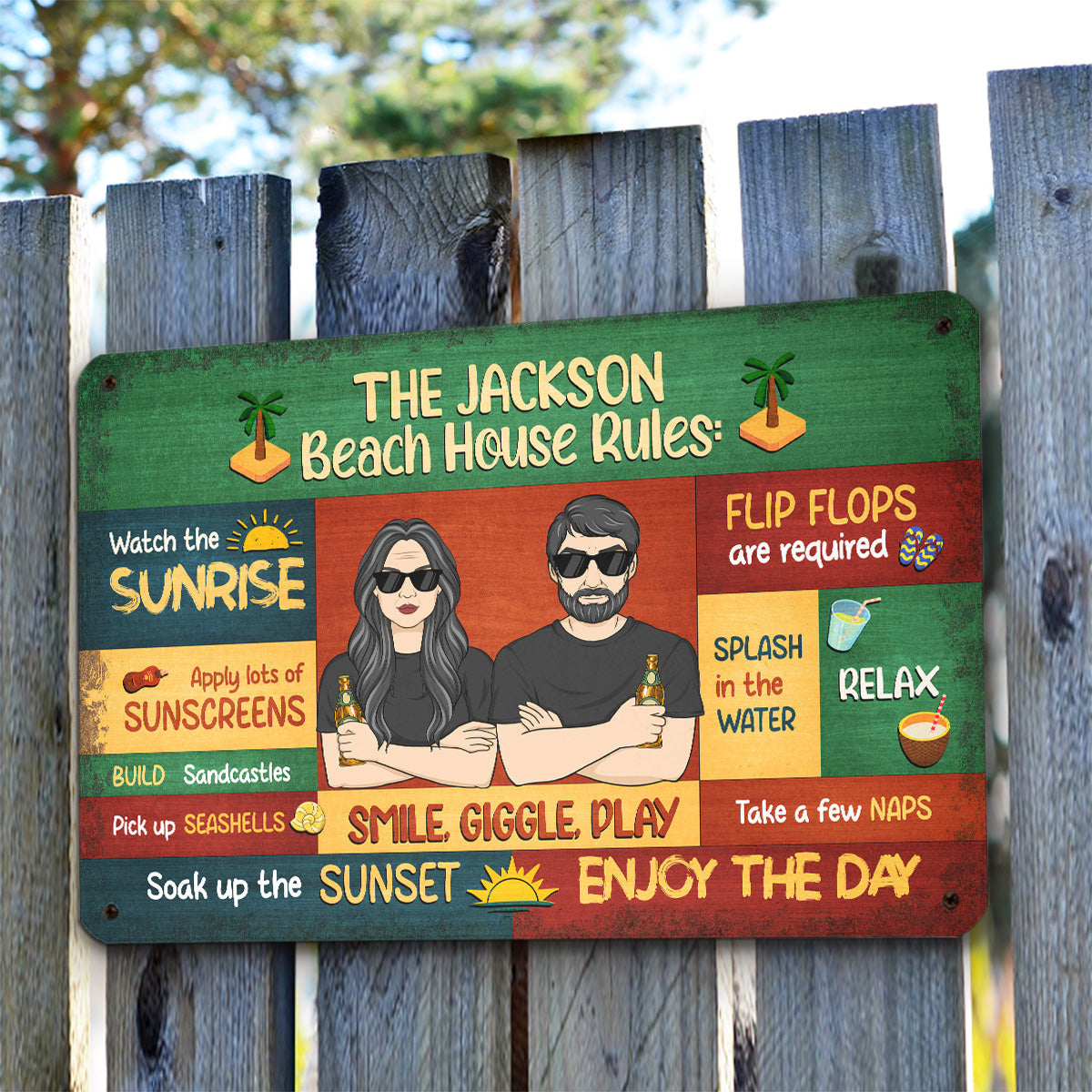 Custom Couple Anniversary Wall Decor Keepsake Gift • Beach House Rules - Personalized Metal Sign