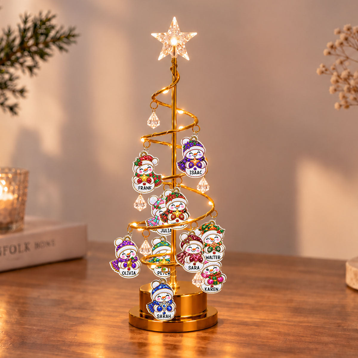 Custom Family Christmas Tree Light, Family Christmas Decor • Snowman Family Tree - Personalized LED Tree Lights