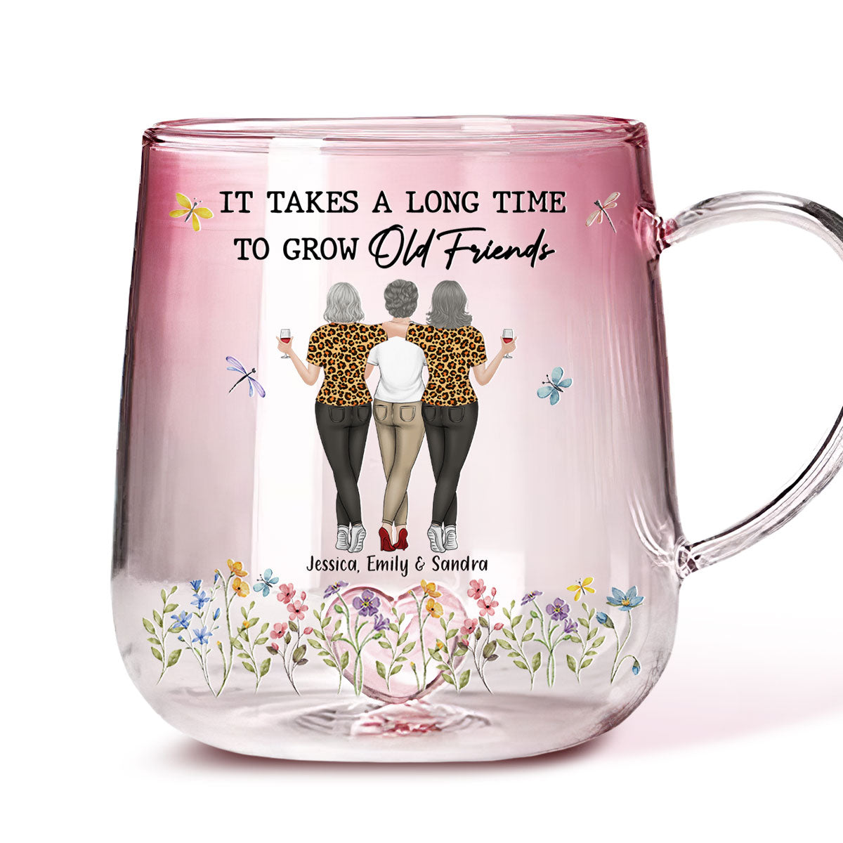 Custom Best Friend, Christmas & Birthday Friendship Keepsake Gift • It Takes A Long Time To Grow An Old Friend - Personalized Pink Gradient Glass Mug