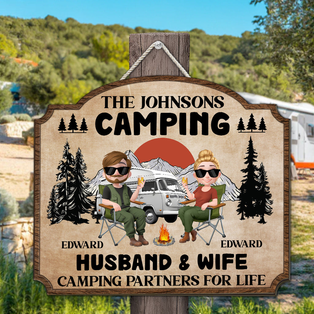 Custom Couple Campground Sign, Campsite Outdoor Wall Decor • Camping Partners For Life - Personalized Wood Sign