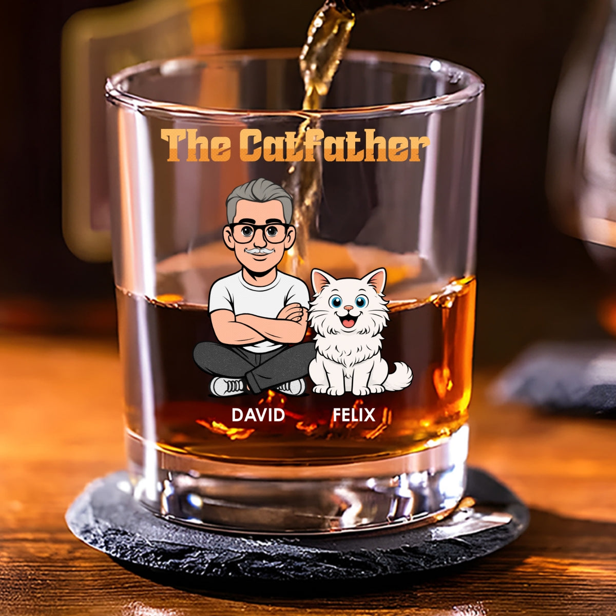 Custom Christmas Birthday Drinkware Gifts for Cat Lovers • The Catfather Retro - Personalized Whiskey Glass