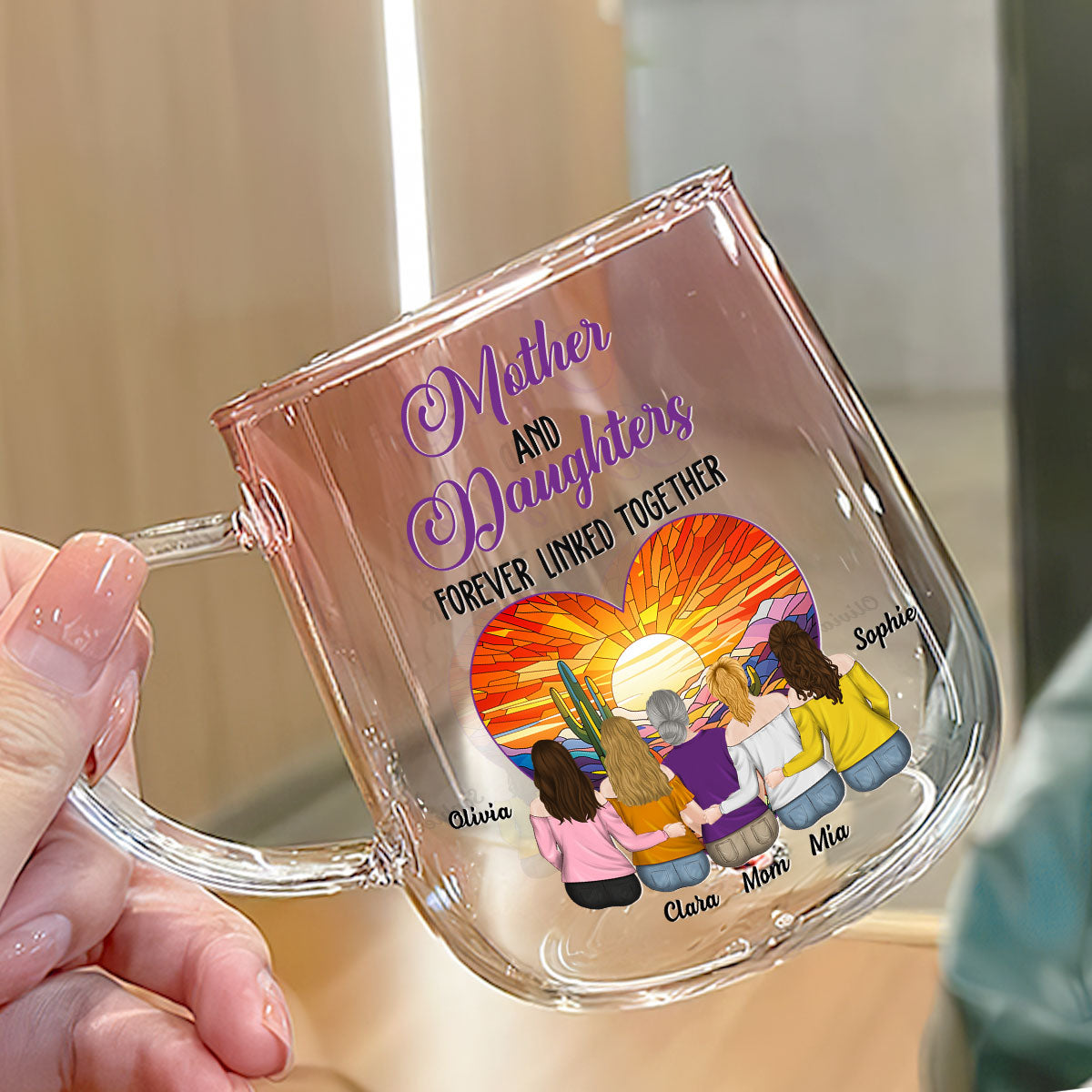 Custom Mother's Day Gift for Mom & Grandma • Side By Side Heart To Heart - Personalized Pink Gradient Glass Mug