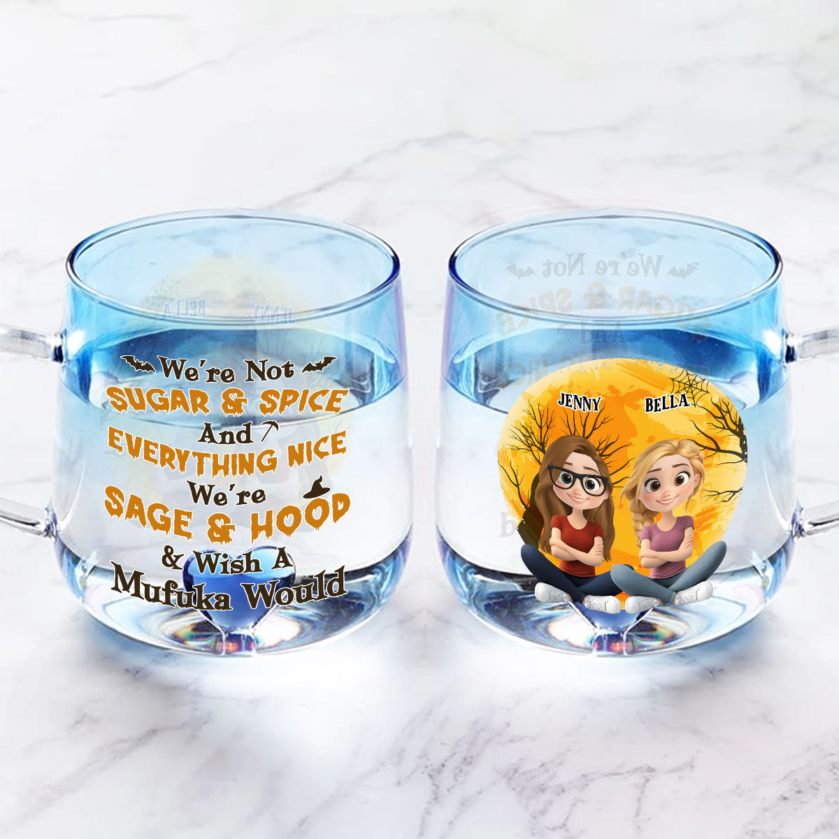 Custom Best Friend, Christmas & Birthday Friendship Keepsake Gift • Funny Witch Friends - Personalized Funny Witch Friends - Personalized Blue Gradient Glass Mug