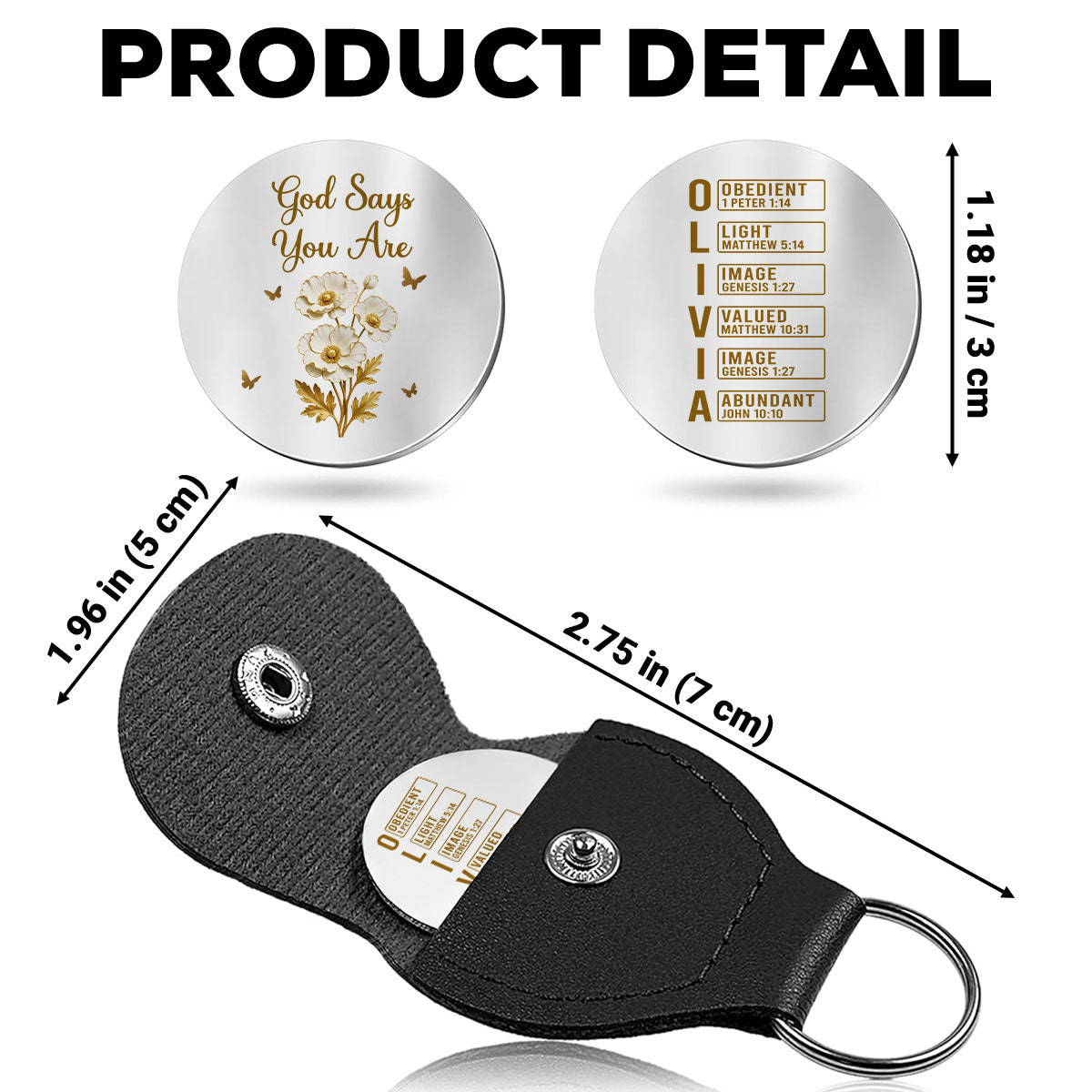 Custom Coin Keychain, Daily Reminder with Leather Holder • God Says I Am - Personalized Pocket Hug