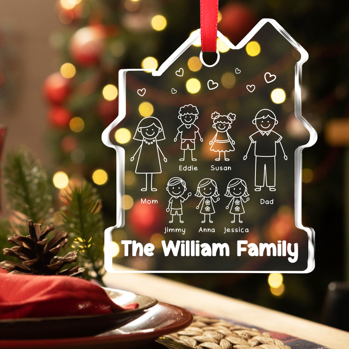 Custom Family Ornament, Christmas Gift for Family Members •  Family Christmas - Personalized House Shaped Glass Ornament