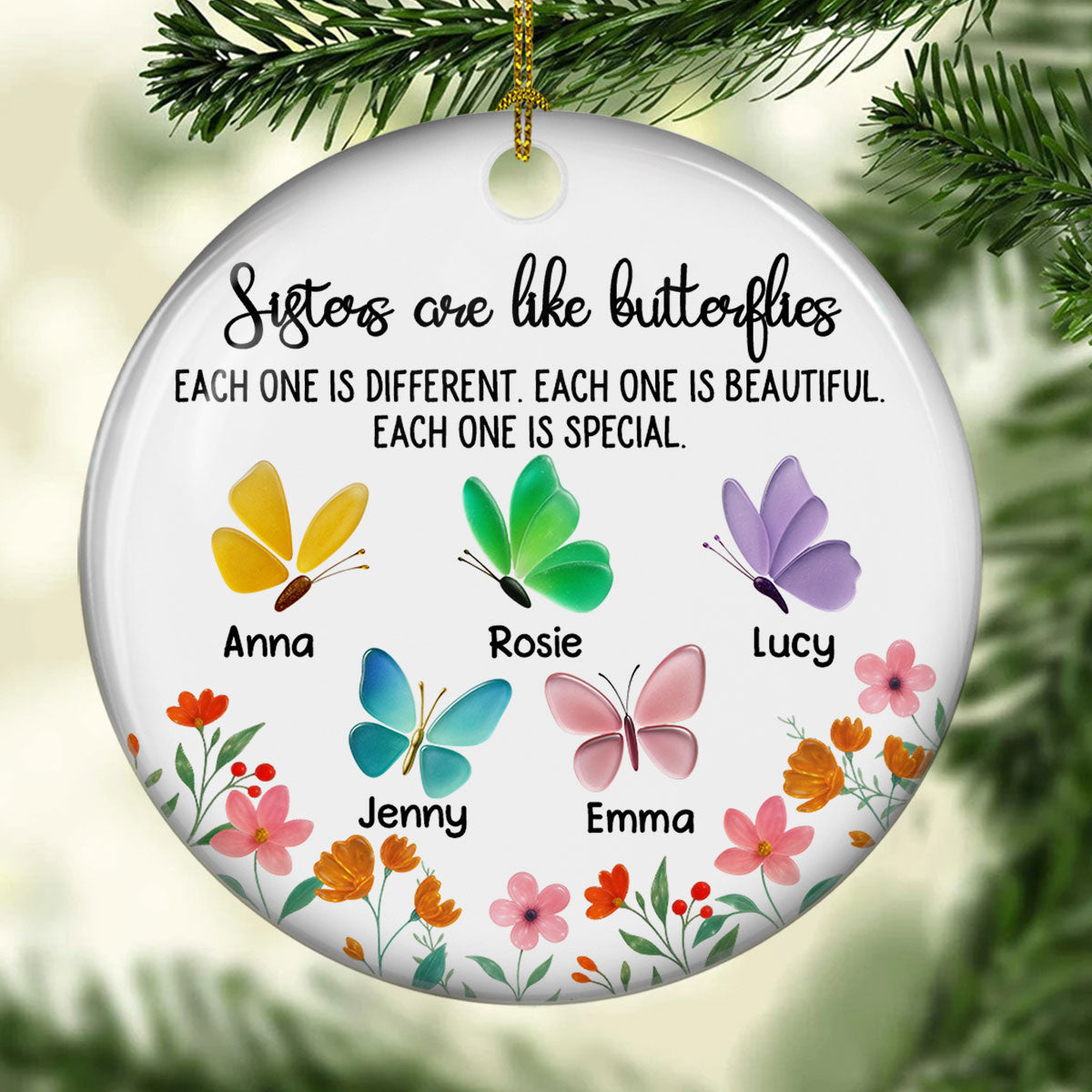 Custom Sister Christmas Ornament •  Twinkling Butterflies - Personalized 3D Effect Heart Ceramic Ornament