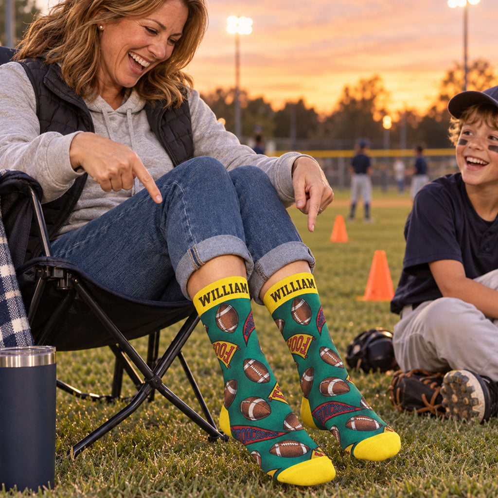 Custom Name Football Fan Footwear, Game Day Christmas Gift • Game Day Vibes - Personalized Crew Socks