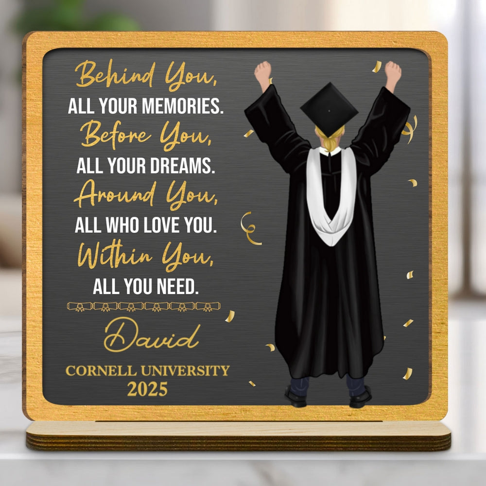 Custom Decor, Christmas Birthday Anniversary Gift Keepsake • Memories Behind Dreams Ahead - Personalized 2-Layer Wood Plaque With Flat Base
