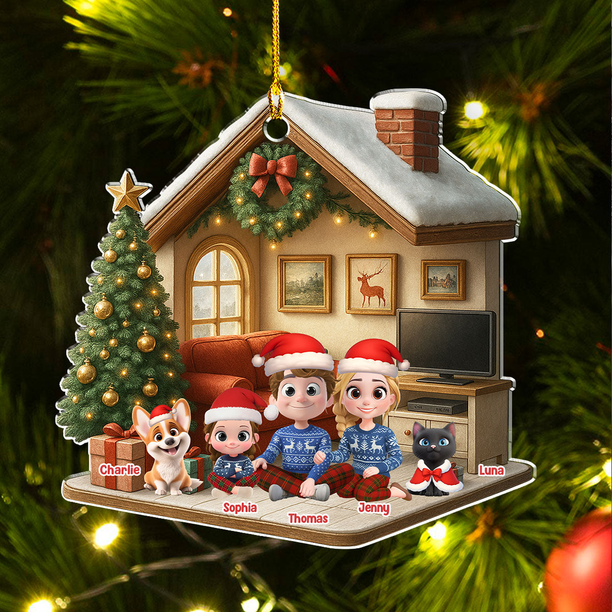 Custom Family Ornament, Christmas Gift for Family Members •  Under A Happy Roof With Them - Personalized 3D Effect Acrylic Ornament