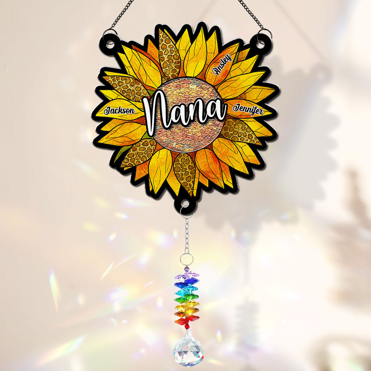 Custom Name Grandma Hanging Decor, Mother's Day Birthday Gifts • Beautiful Sunflower Grandma - Personalized Suncatcher With Crystal Rainbow Charm