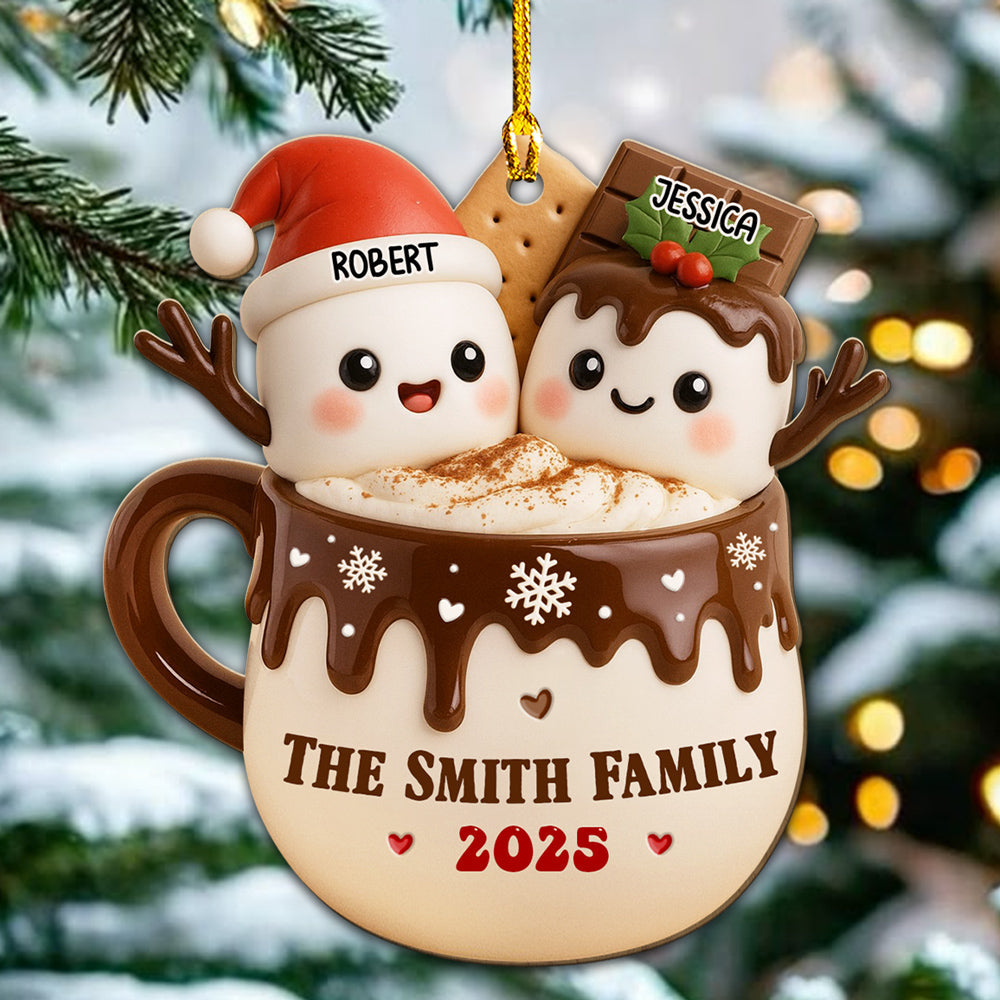 Custom Family Ornament, Christmas Gift for Family Members •  Marshmallow Family Hot Cocoa - Personalized Wood Ornament