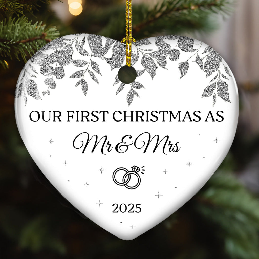 Custom First Christmas Ornament Married, Gift for Newlyweds •  Save The Date Memory - Personalized Ceramic Ornament