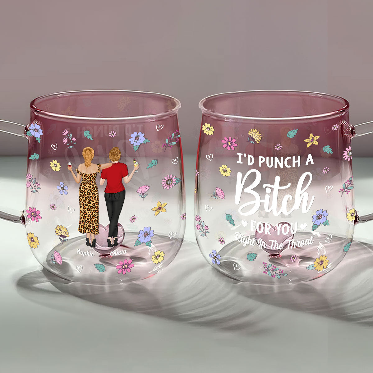 Custom Best Friend, Christmas & Birthday Friendship Keepsake Gift • Punch Bitch Besties - Personalized Pink Gradient Glass Mug