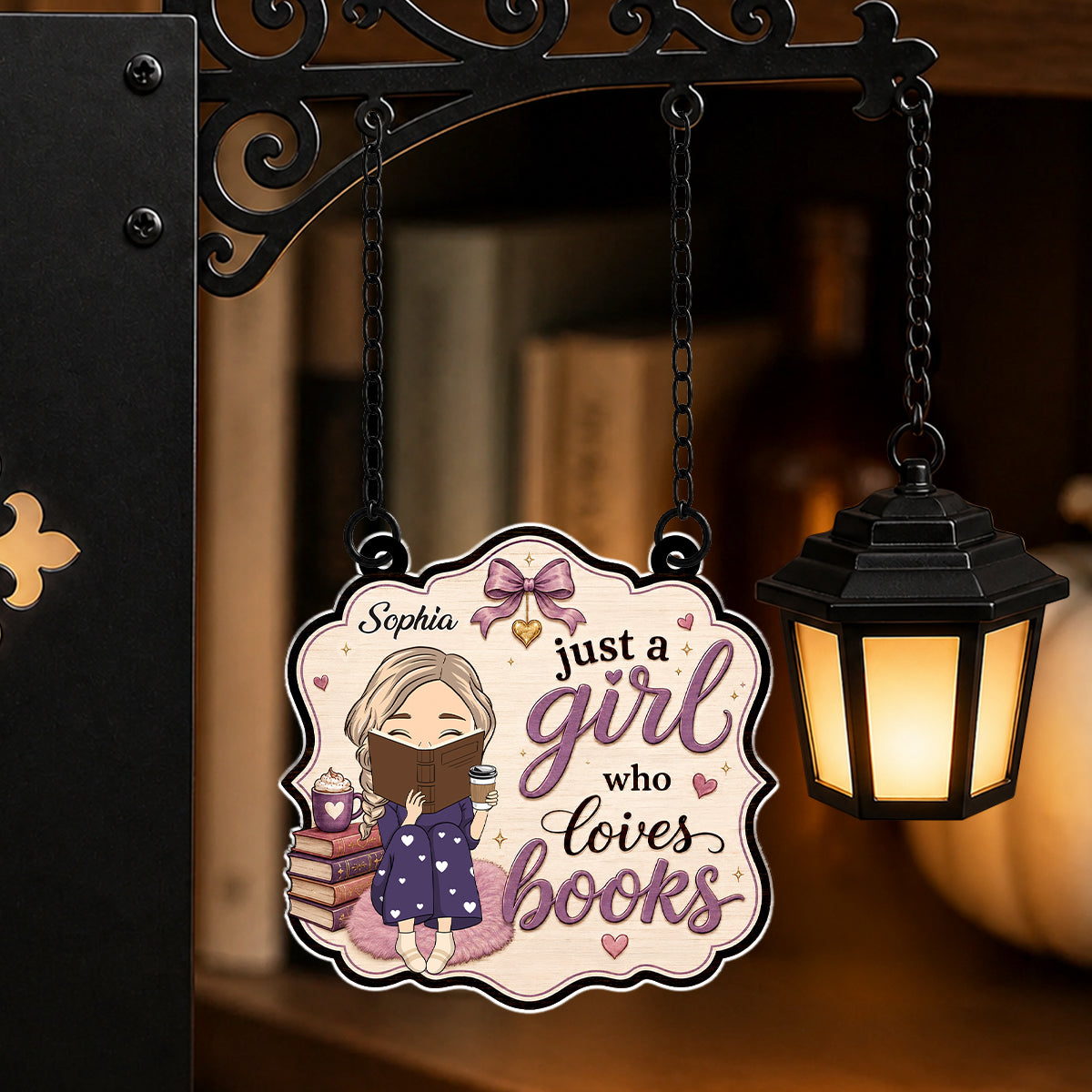 Her Love Language Is Books - Personalized Bookshelf Lantern Light Sign