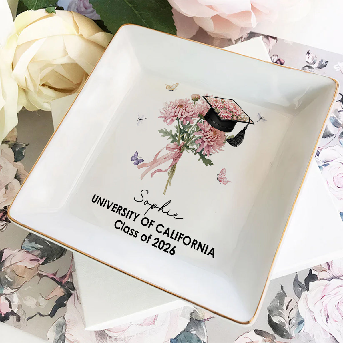Custom Class of 2026 Trinket Dish, Graduation Gift For Her • Her Graduation Bloom - Personalized Jewelry Dish