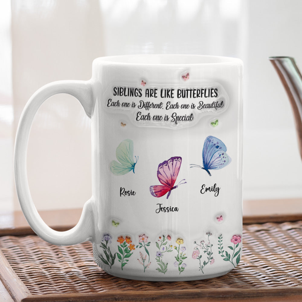 Custom Christmas & Birthday Keepsake Gift • Siblings Are Like Butterflies - Personalized 3D Inflated Effect Mug