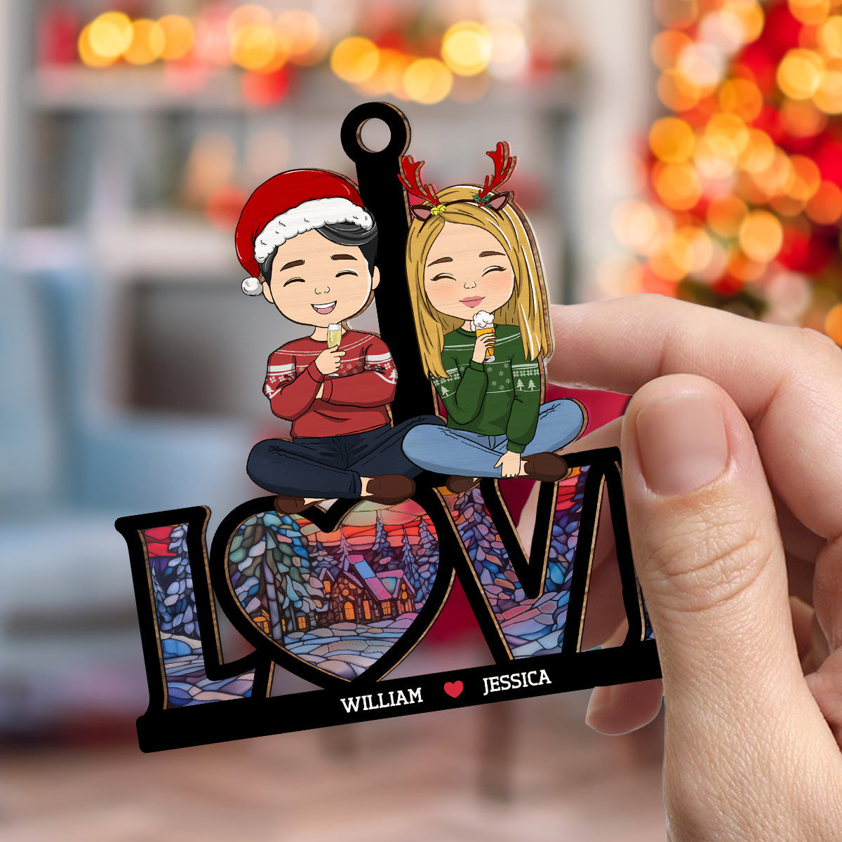 Custom Couple Christmas Ornament, Anniversary Gift •  Couple Sitting Together - Personalized Suncatcher Ornament