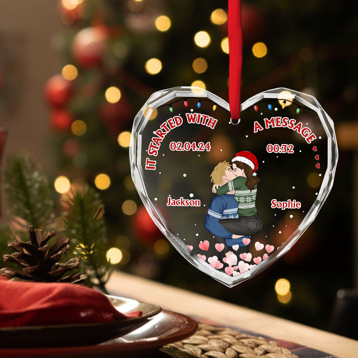 Custom Couple Christmas Ornament, Anniversary Gift •  Started With A Message - Personalized Glass Ornament