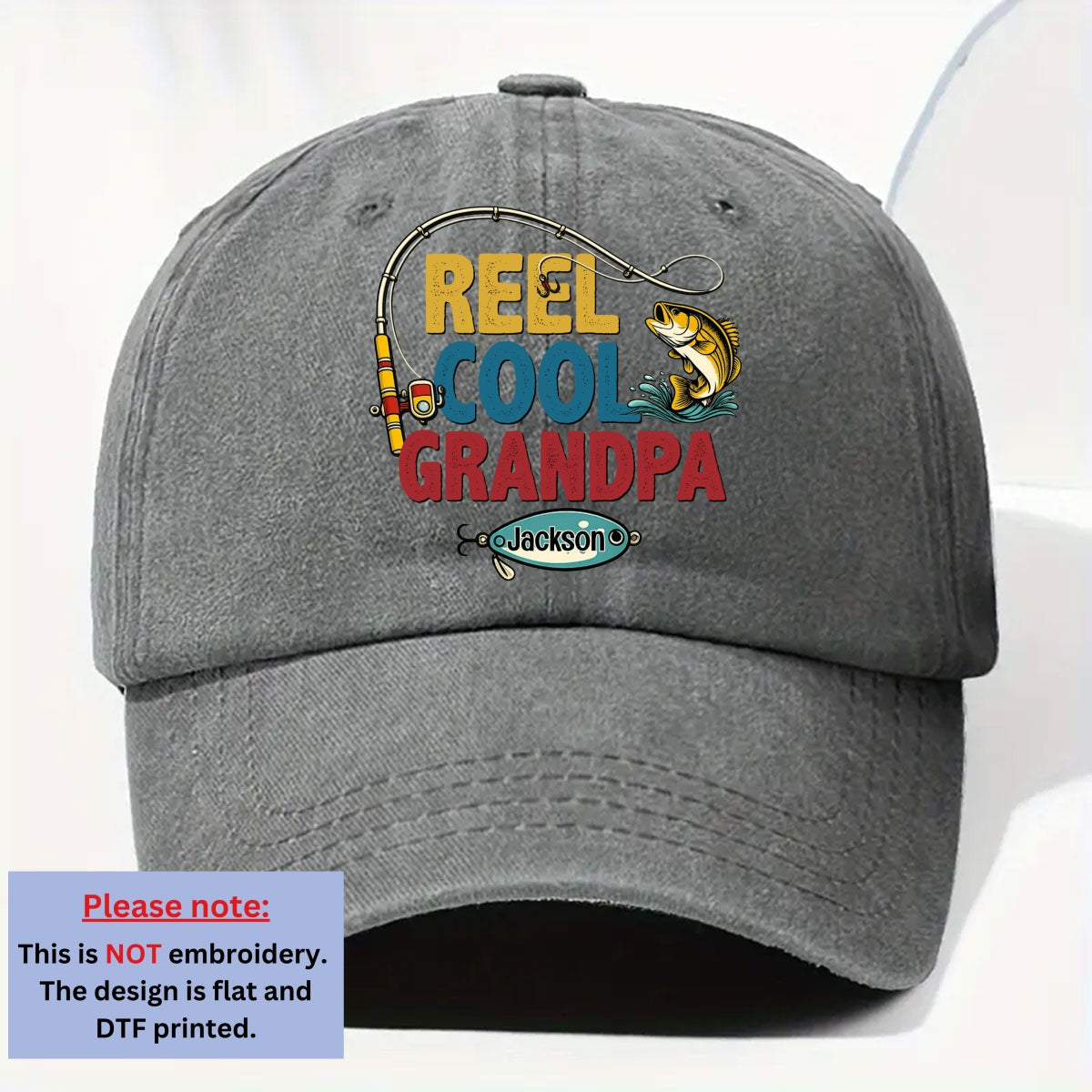 Custom Christmas Headwear Birthday Gifts for Grandpa • Reel Cool Grandpa - Personalized Vintage Washed Denim Cap