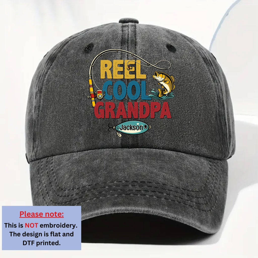 Custom Christmas Headwear Birthday Gifts for Grandpa • Reel Cool Grandpa - Personalized Vintage Washed Denim Cap