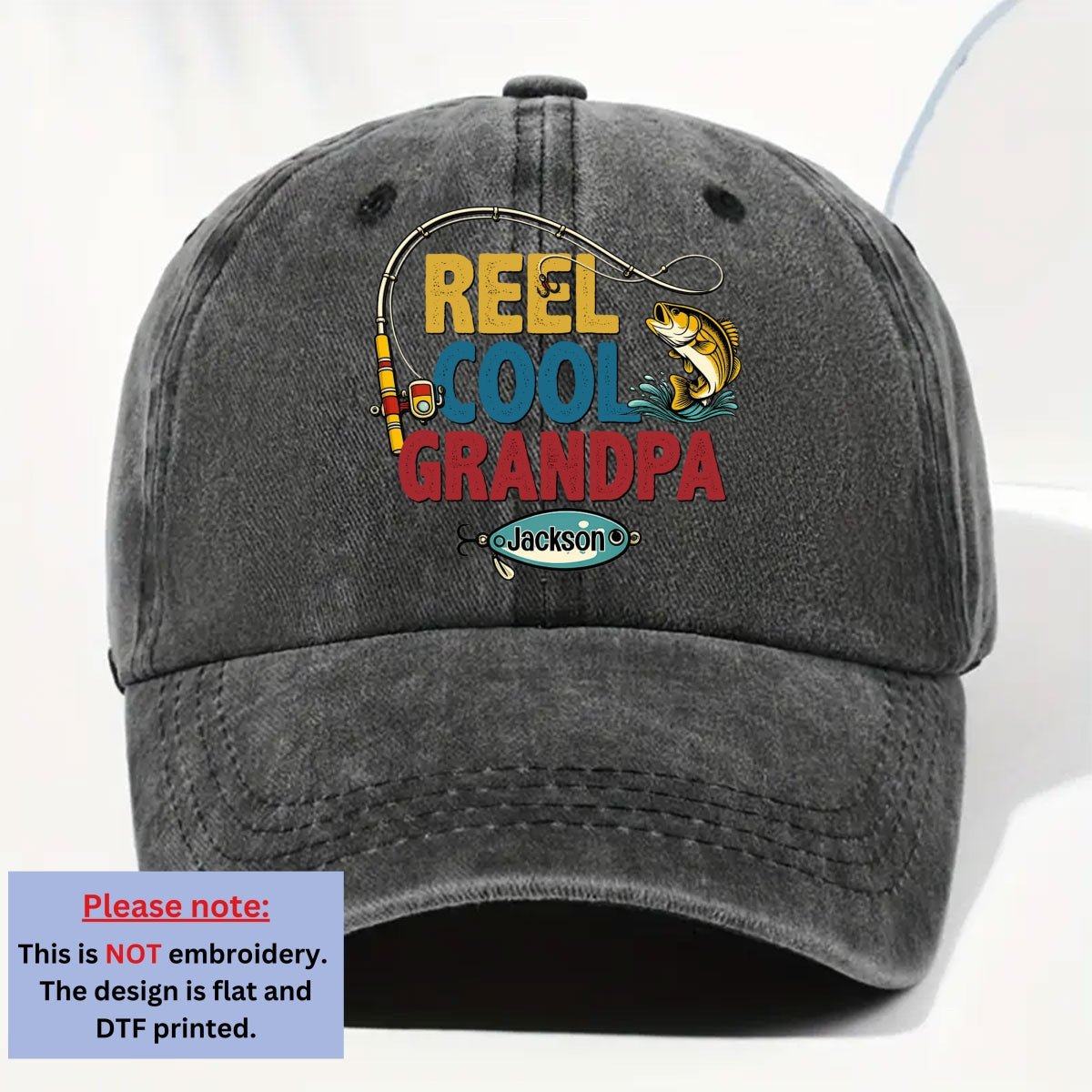 Custom Christmas Headwear Birthday Gifts for Grandpa • Reel Cool Grandpa - Personalized Vintage Washed Denim Cap