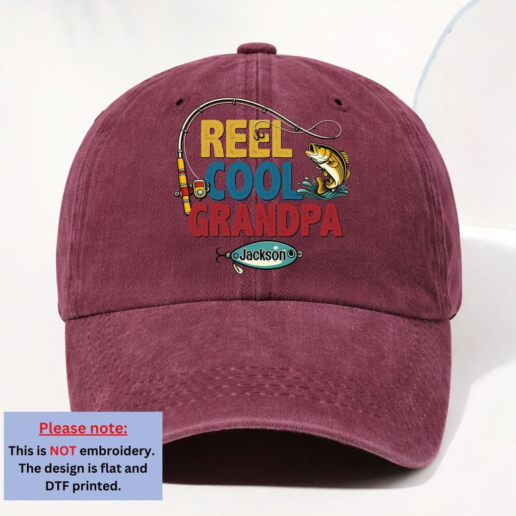 Custom Christmas Headwear Birthday Gifts for Grandpa • Reel Cool Grandpa - Personalized Vintage Washed Denim Cap
