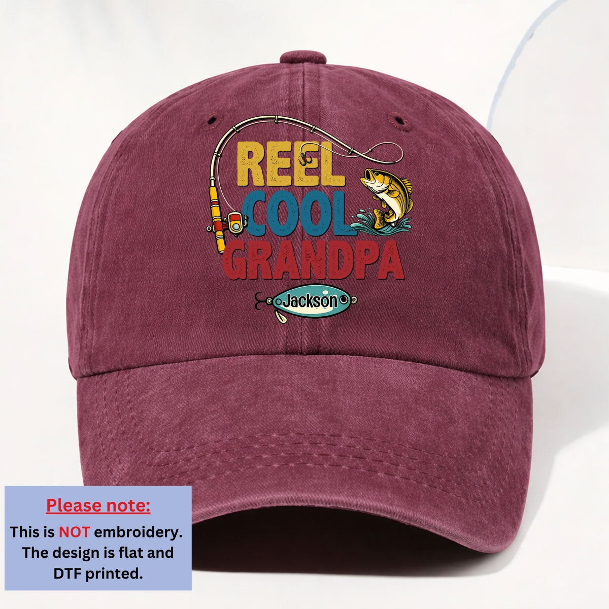 Custom Christmas Headwear Birthday Gifts for Grandpa • Reel Cool Grandpa - Personalized Vintage Washed Denim Cap