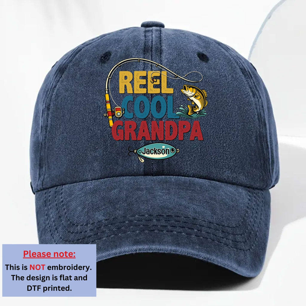 Custom Christmas Headwear Birthday Gifts for Grandpa • Reel Cool Grandpa - Personalized Vintage Washed Denim Cap