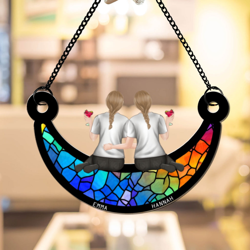 Custom Hanging Decor, Birthday Housewarming Gift • Besties Sitting On The Moon - Personalized Suncatcher