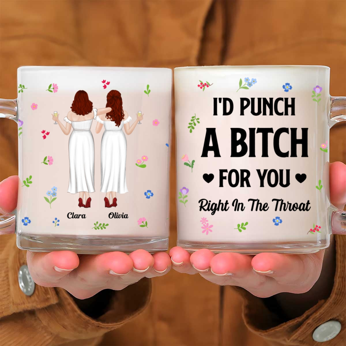 Custom Best Friend, Christmas & Birthday Friendship Keepsake Gift • Punch Bitch Besties - Personalized Glass Mug