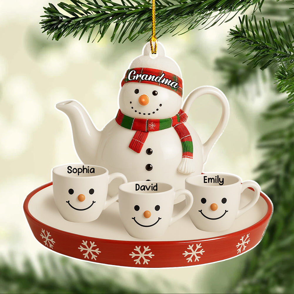 Custom Family Ornament, Christmas Gift for Family Members •  Snowman Smile Tea Set - Personalized Acrylic Ornament