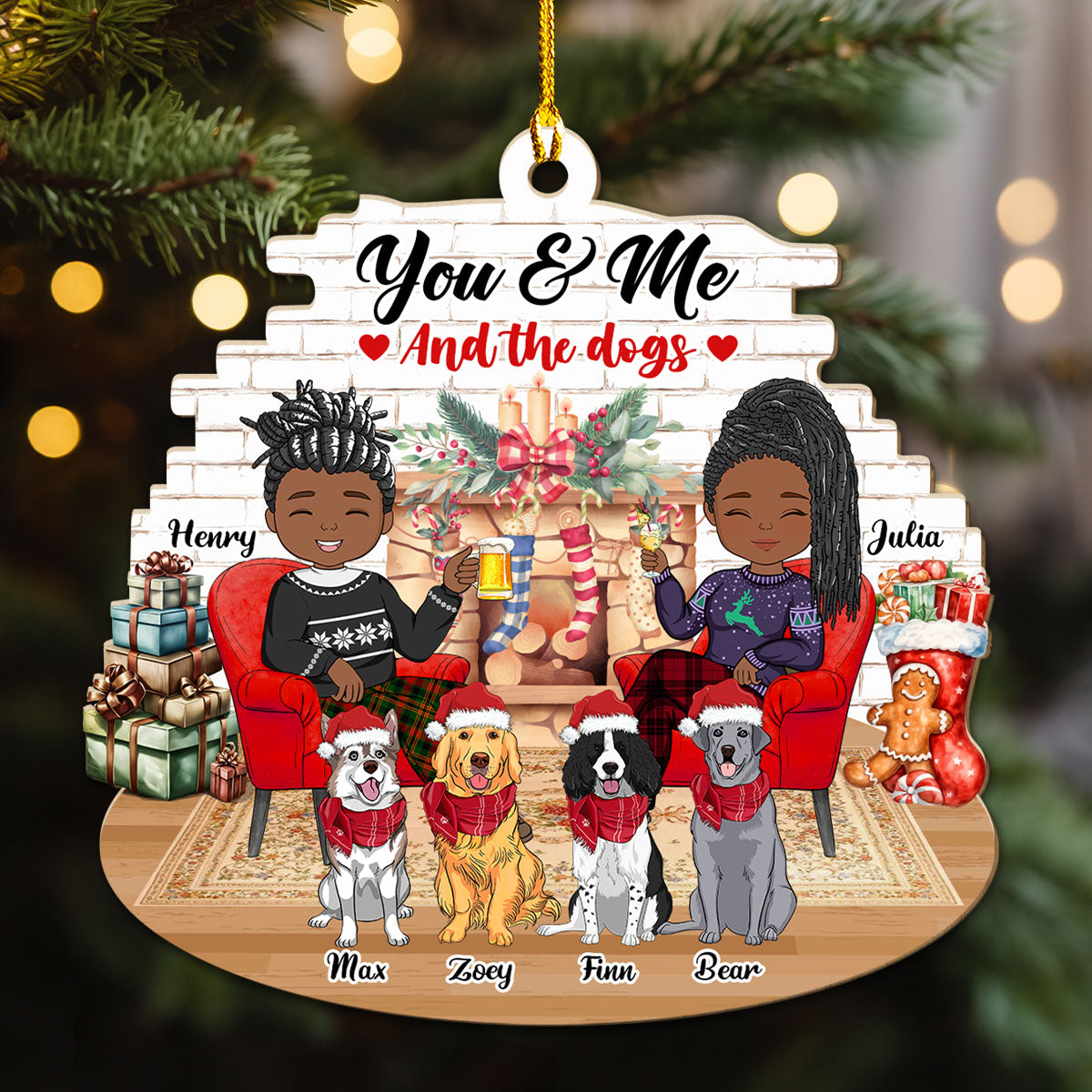 Custom Couple Christmas Ornament, Anniversary Gift •  Couple And Dogs - Personalized Wood Ornament