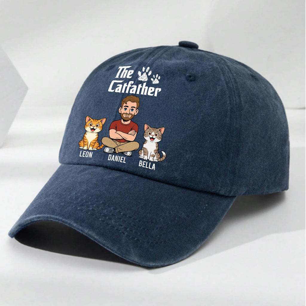 Custom Christmas Headwear Birthday Gifts for Cat Parents • Cool Cat Father Retro - Personalized Vintage Washed Denim Cap