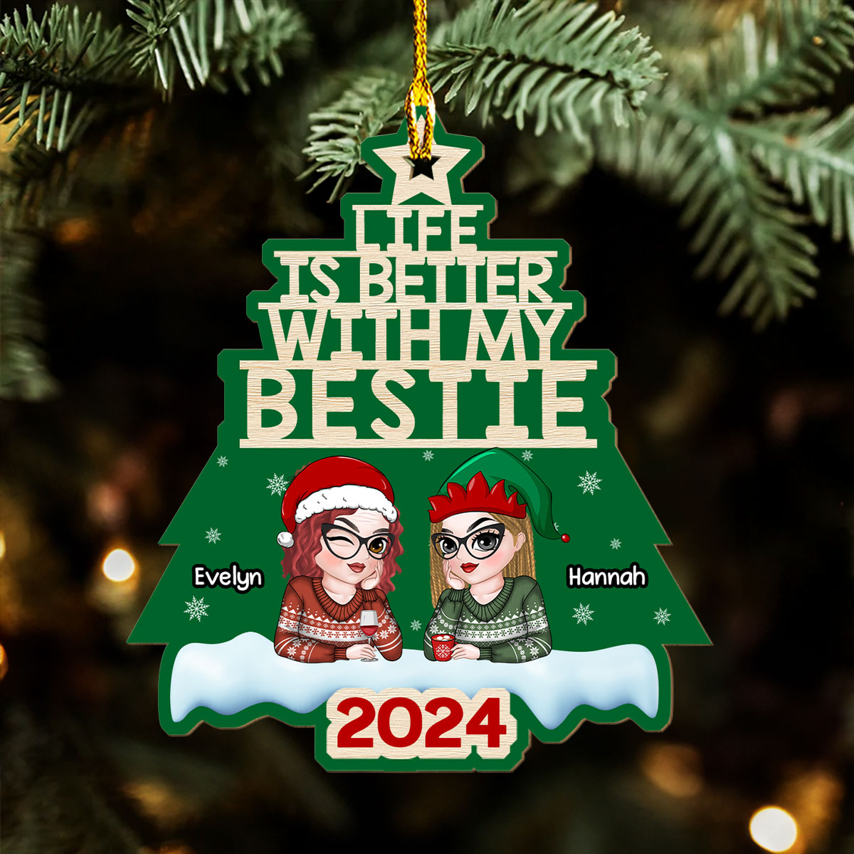 Custom Friendship Christmas Ornament, Best Friend Gift •  Besties Christmas Tree - Personalized Wood Ornament