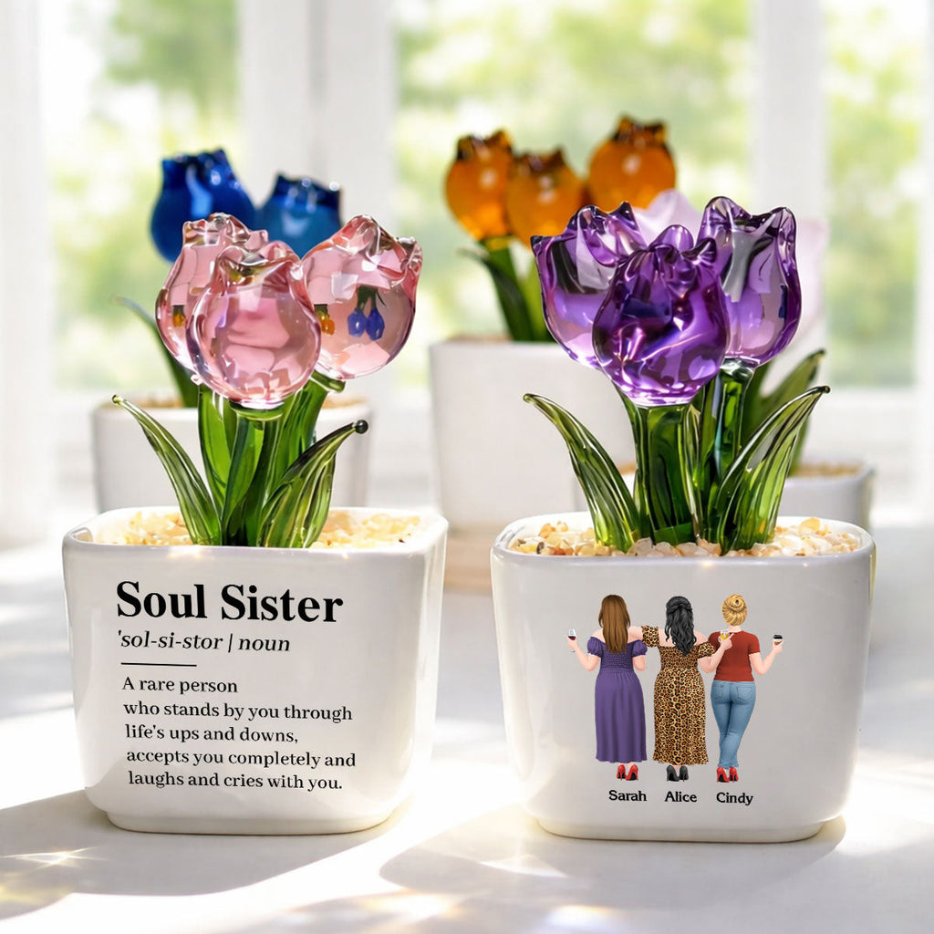 Custom Flower Keepsake, Glass Home Decor Gift for Best Friend • Soul Sister - Personalized Glass Everlasting Tulips
