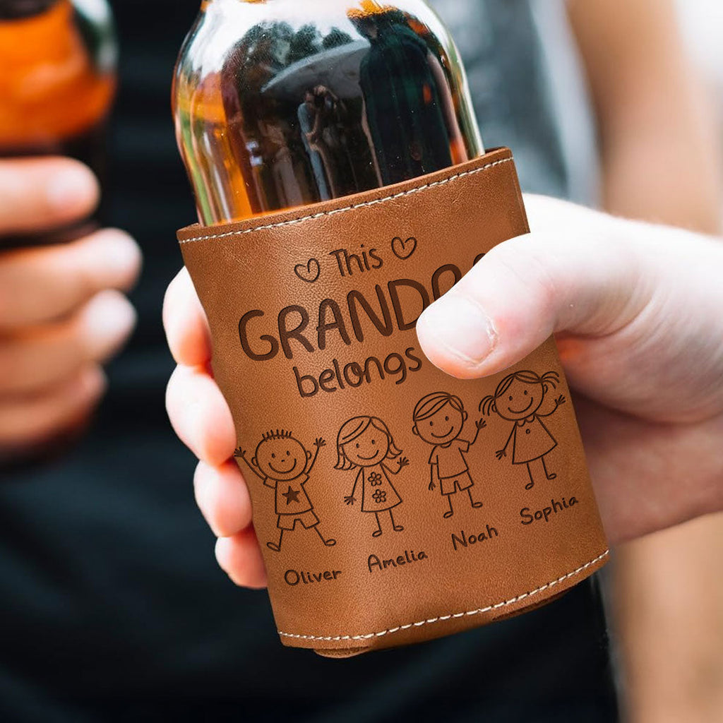 This Grandpa Belongs To Us - Personalized Engraved Leather Can Cooler Holder