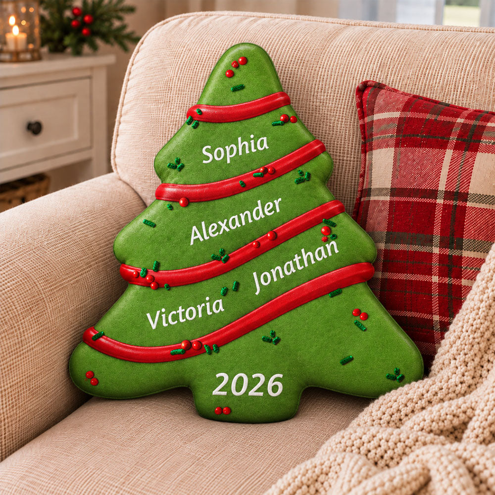Custom Name Kids Christmas Tree Pillow, Family Keepsake From Parents • Christmas Tree Cake - Personalized Shaped Pillow