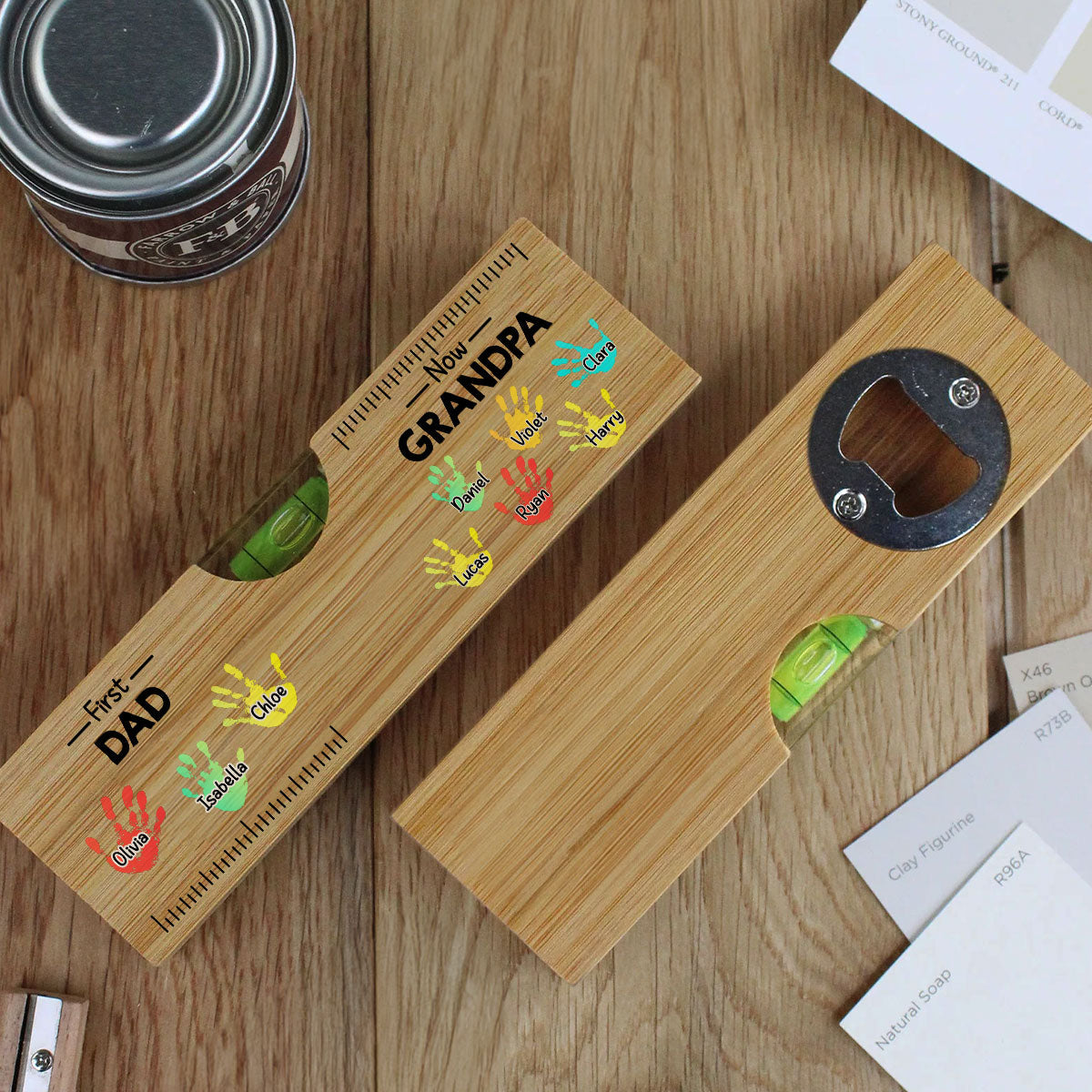 First Dad Now Grandpa - Personalized Wooden Spirit Level Bottle Opener